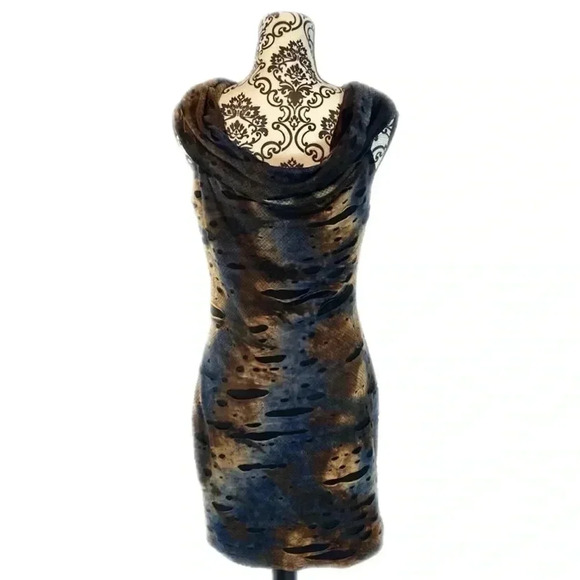 Samuel Dong Cowl Neck Brown and Blue Post Ripped Dress, L - Picture 9 of 9